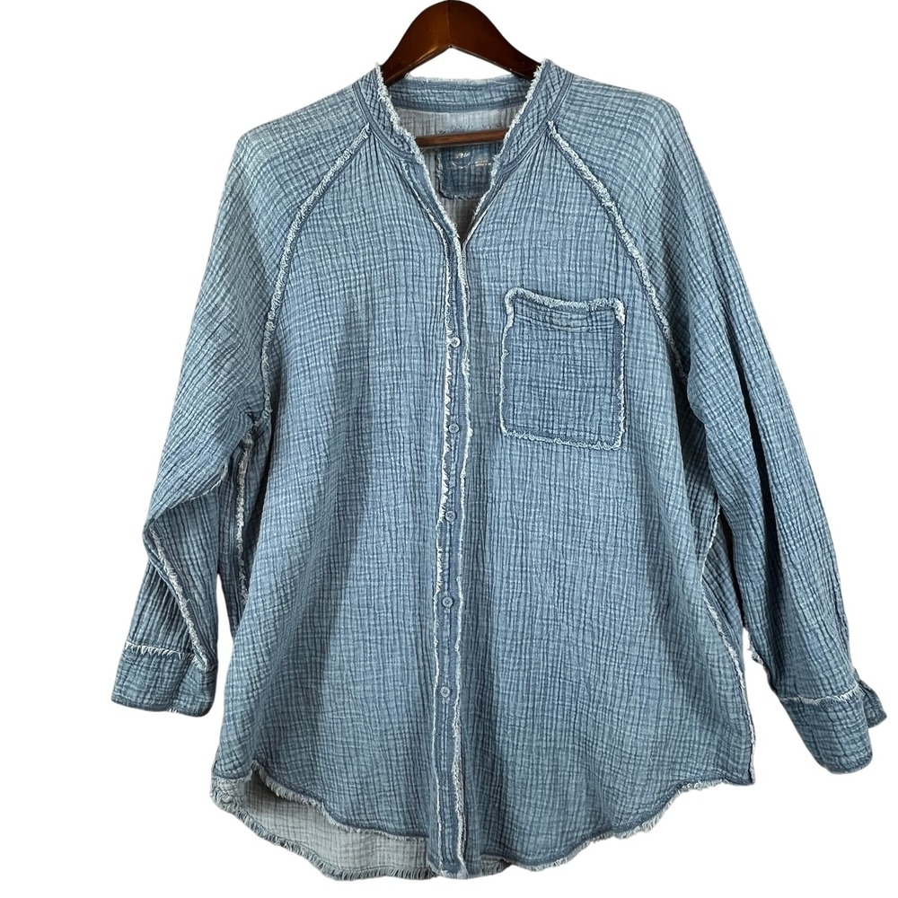 Aerie Cotton Gauze Shirt Womens L Blue Crinkle Coastal Boho Beach Cover Up Top